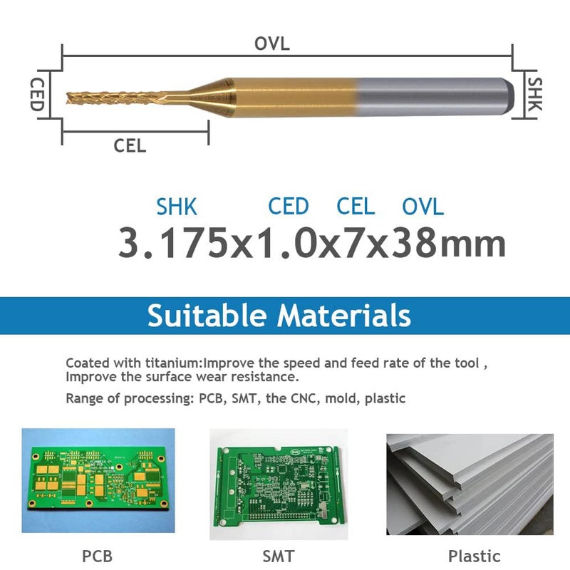 HOZLY 10Pcs 1/8'' Shank 1.0mm Titanium Coat Carbide End Mill Engraving Bits CNC Rotary Burrs Tool for PCB Mould Plastic Fiber Carbon Fiber Hardwood - Image 4
